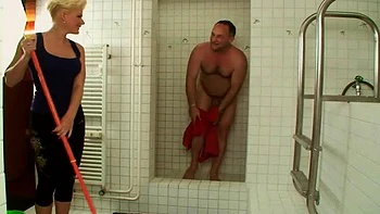 Busty Blonde MILF From France Deep Throats Big Cock in Bathroom