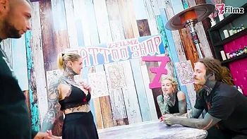 Big Dick Tattooed Foursome - Merry's Anal Adventure with Double Blowjob & Facial