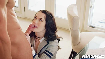 Skinny brunette Evelyn rides Jean’s cock hard on the bed