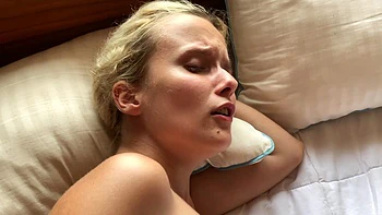 Couple fucks as she sucks lollipop, showing off her natural tits