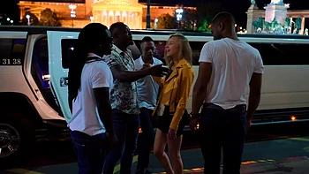 Four guys with huge cocks for a hot blondie in a gangbang